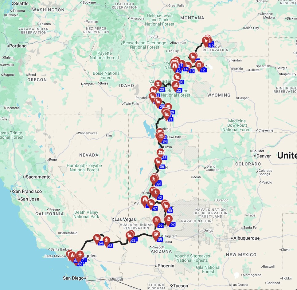 Map for Billings to Los Angeles - Epic West Coast Road Trip by Campervan Montana to California